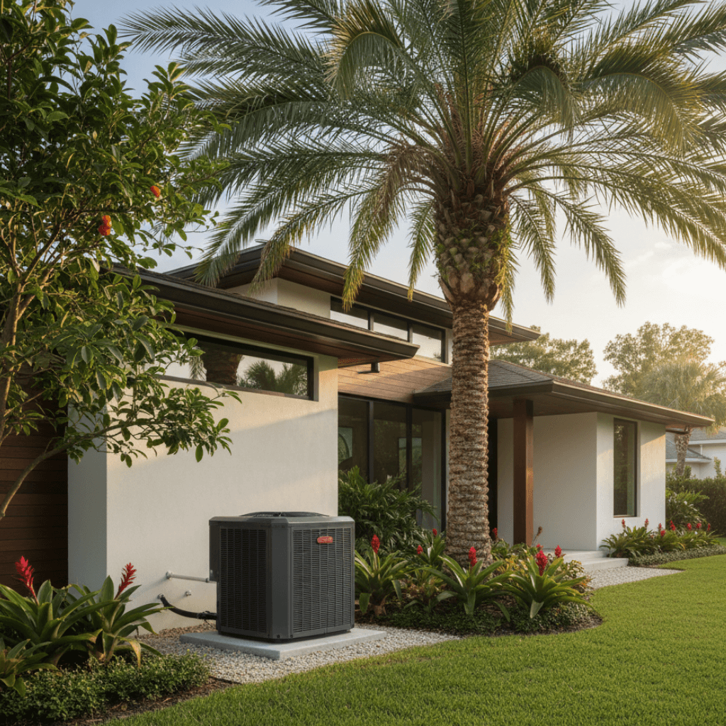 Efficient heat pump system outside a modern Winter Park, FL home with sunny skies