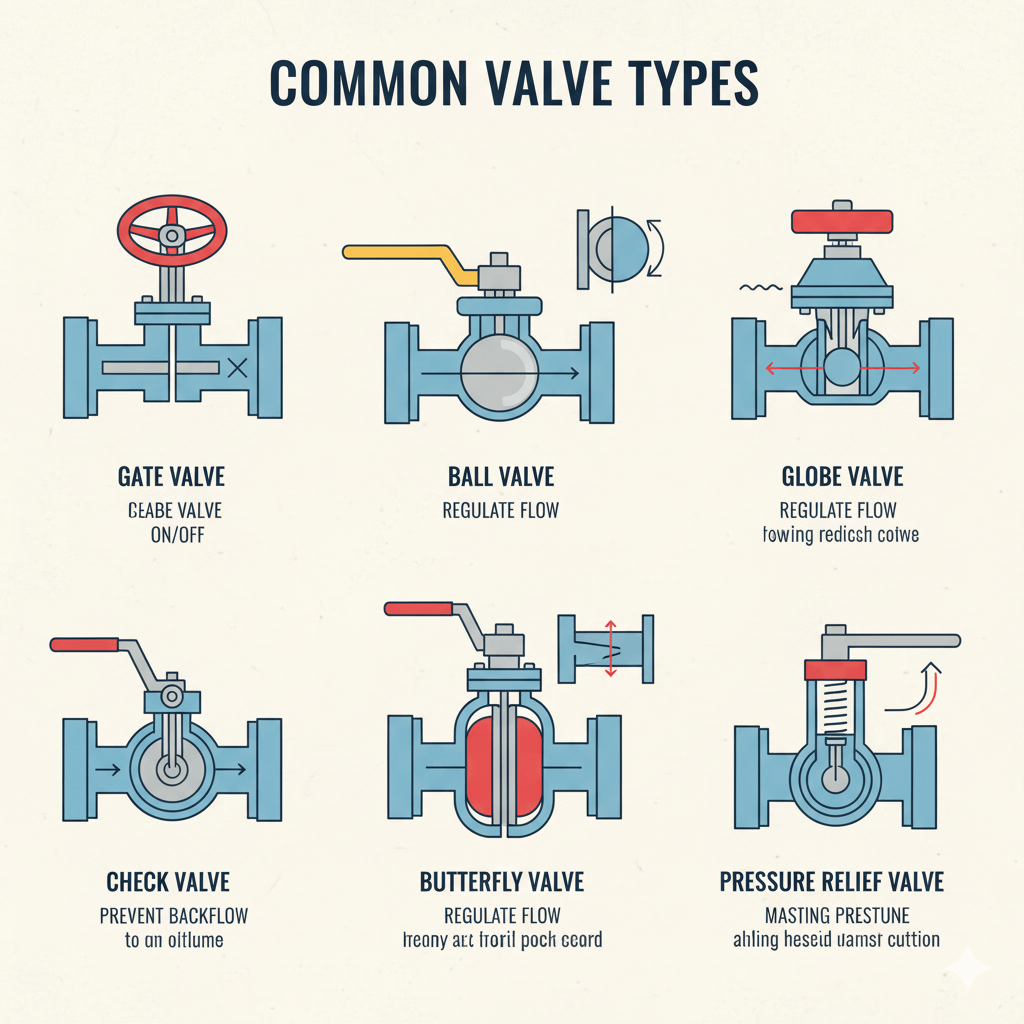 Diagram of common Florida home shut-off valves including gate, ball, saddle, compression, and angle stop valves with water flow paths