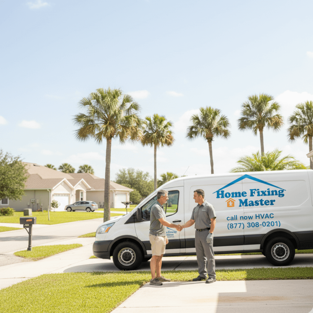 Home Fixing Master HVAC technician shaking hands with homeowner in front of service van in Orlando FL