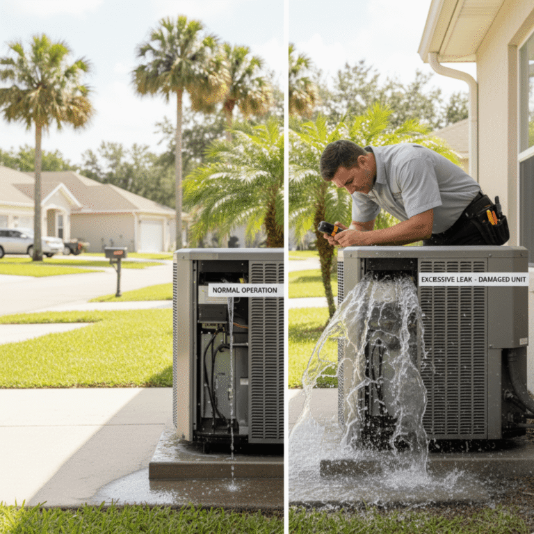 Normal condensation vs heat pump water leak comparison — Orlando Florida home