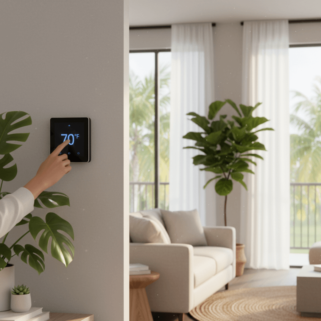 Homeowner adjusting digital thermostat in Winter Park living room