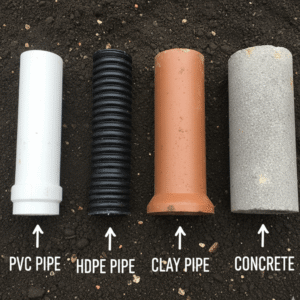 PVC, HDPE, clay, and concrete pipes used in underground drainage