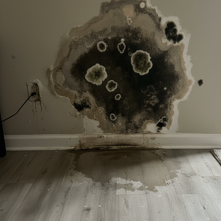 Water damage on drywall and floor caused by leaking HVAC system in Daytona Beach
