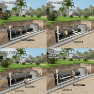 Trench, bedding, pipes, joints, manholes, and cleanouts in an underground drainage system