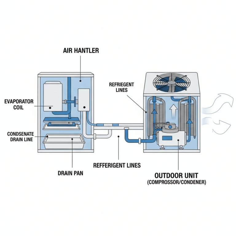 Diagram showing condensate drain line, evaporator coil, and drain pan in residential heat pump
