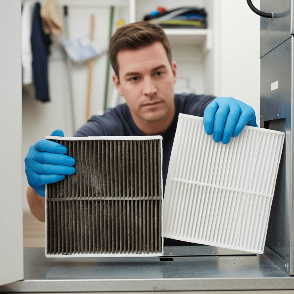 HVAC technician replacing air filter in a Florida home heat pump system