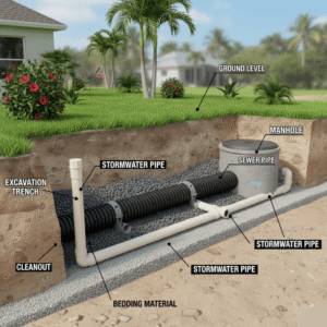 Excavation, trench bedding, pipe laying, and backfilling for underground drainage installation