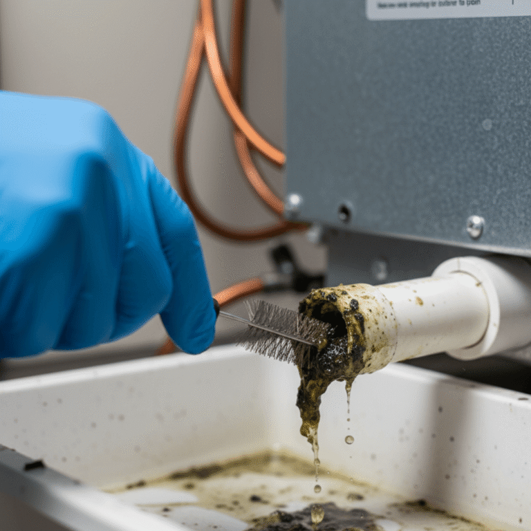 Clogged condensate drain line with debris being cleaned by HVAC technician