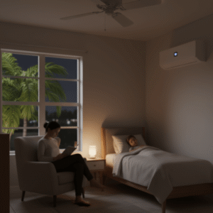 Graphic of a variable-speed air conditioner running with quieter operation, low-decibel performance, and smooth airflow for a peaceful Florida home environment.