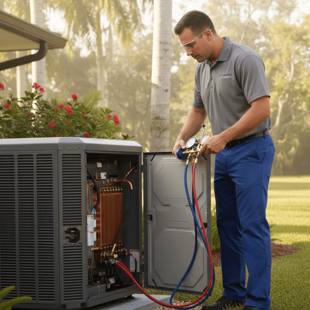 Certified HVAC technician performing seasonal tune-up on heat pump in Florida