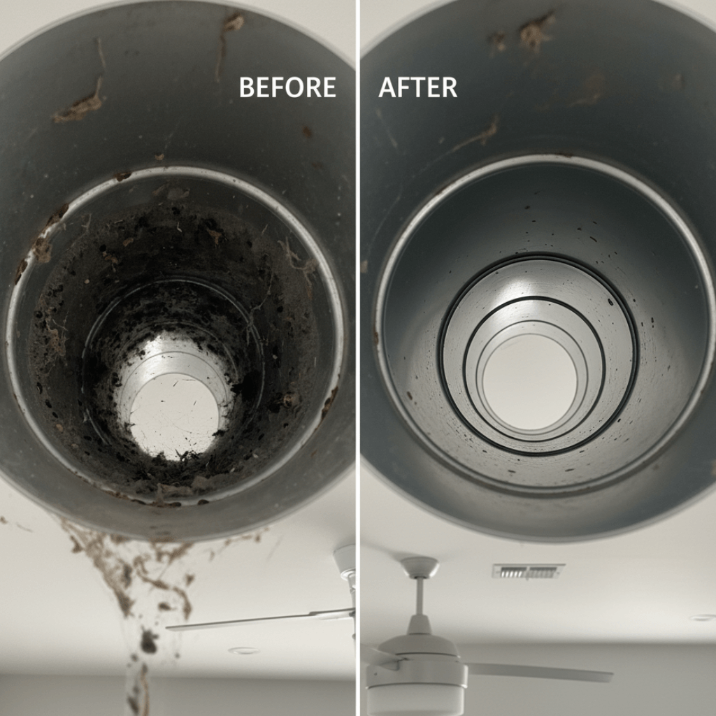 Clogged air ducts before cleaning and after professional duct cleaning