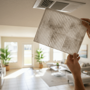 Image showing a variable-speed air conditioner improving indoor air quality by reducing dust, allergens, and humidity levels in Florida homes