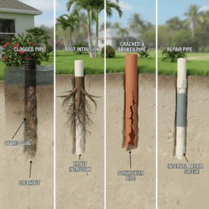 Blocked, cracked, and root-intruded drainage pipes in residential Florida property