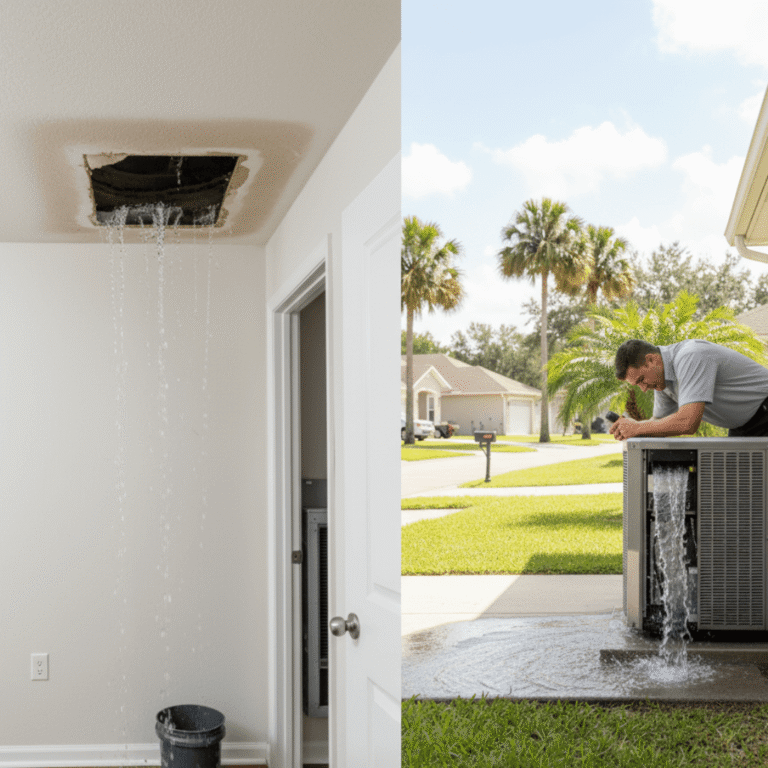 Indoor and outdoor heat pump leaking water comparison Orlando home example