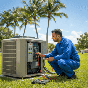 Visual of a variable-speed air conditioner designed for increased longevity and durability, running with fewer breakdowns and extended system lifespan in Florida homes.