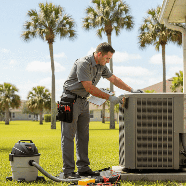 Technician cleaning heat pump drain line and replacing air filter in Florida home