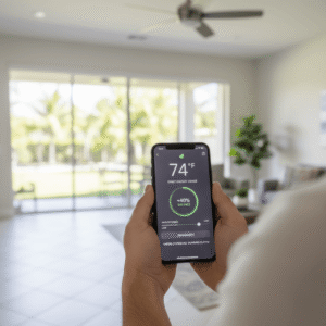 Image of a smart variable-speed air conditioner with advanced controls, WiFi connectivity, and energy-efficient automation for Florida homeowners.