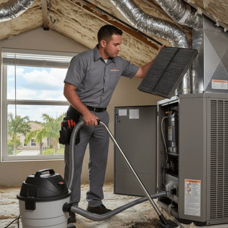 HVAC technician performing preventive maintenance on outdoor heat pump in Orlando backyard