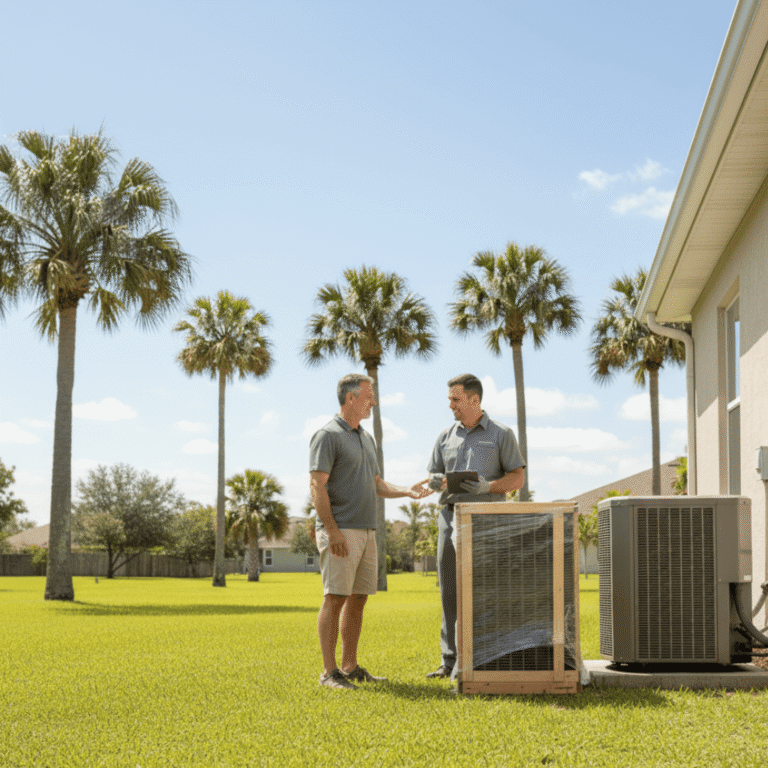 Homeowner consulting HVAC technician about replacing old heat pump with energy-efficient model