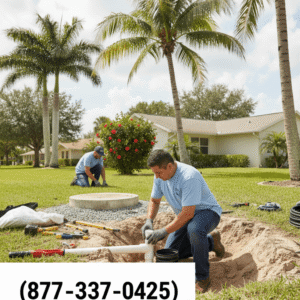 Licensed plumber inspecting and installing underground drainage pipes in Florida home